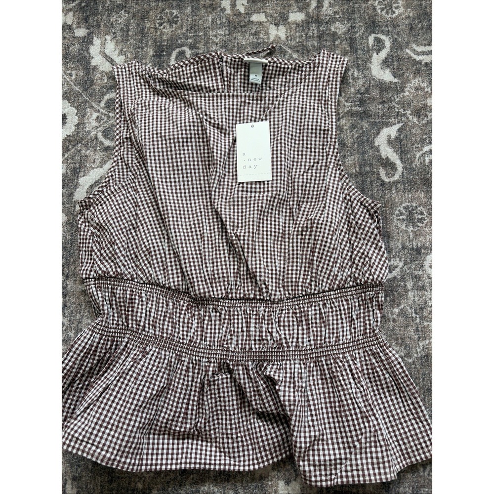a new day Brown and White Gingham Sleeveless Peplum Blouse
